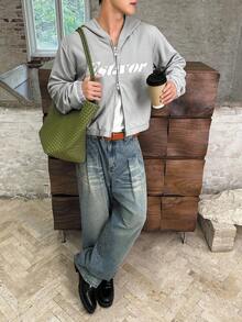 Manfinity BRENVOR Men's Letter Print Zip-Up Hoodie, Fall, Winter - Grey - View 5