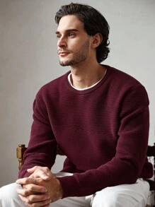Manfinity Homme Áo len chui đầu tay dài cổ tròn màu trơn thường ngày đa năng cho nam, phong cách Old Money, thu đông - Màu Đỏ Sâu - Xem 6