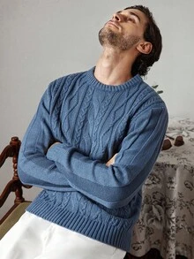 Manfinity CityGents 男士休闲针织圆领长袖毛衣，秋冬男士麻花针织毛衣蓝色毛衣