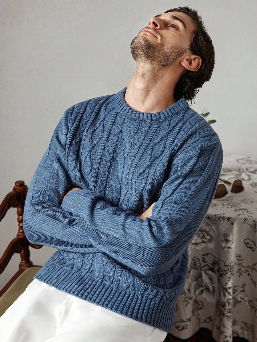 Manfinity CityGents 男士休闲针织圆领长袖毛衣，秋冬男士麻花针织毛衣蓝色毛衣