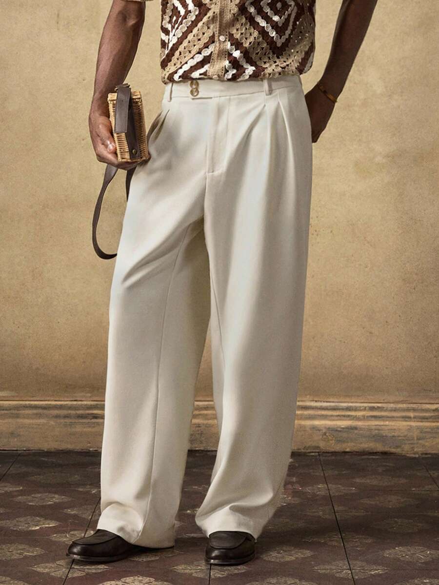 AKNOTIC Business Casual 男士时尚休闲基本款亚麻直筒裤 - 米色 - 查看 1