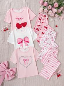 6pcs Girls Cherry & Heart Butterfly Print Pajama Set, Casual Homewear - Multicolor - View 3