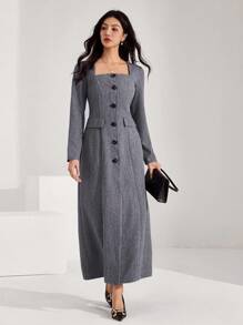 Heiryn 女士长裙纯色方领简约休闲日常穿着 - 灰色 - 查看 3