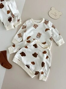 SHEIN 4pcs/Set Baby Boys' Outfit,Cute Off-White Cocoa Bear & Fish Print,YUMMY Letter,Ribbed Cuffs & Hem,Comfortable Autumn Casual Wear,Family Matching - Apricot - View 7