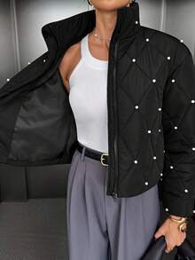 Siren Gaze Pearl Quilted Padded Coat, Winter Jacket For Women , Women Autumn/Winter Black Casual - Black - View 9