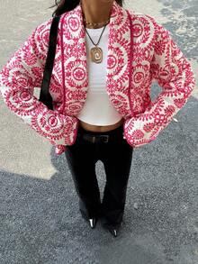 Siren Gaze Veste matelassée pour l'automne et l'hiver, nouveau manteau décontracté élégant pour femmes en 2025 avec imprimé et poches, manteau rose et blanc chic pour l'automne/l'hiver, vêtement d'extérieur formel et chaud pour le travail, les fêtes et le quotidien, indispensable pour les trajets des enseignants, style Top de gamme "Old Money", convient pour Noël, Halloween et l'hiver. - Multicolore - Voir 3
