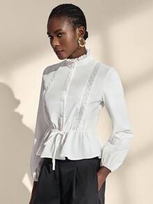 Almamuse Koszula damska z długim rękawem i wiązaniem w talii, niebieska, z podwójnym dołem - Biały - Zobacz 5