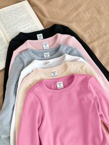 LMoss Kids LMoss Young Girls' Casual Basics Solid Color Knitted Elastic Long Sleeve Undershirt Tops Multiple 6 Pieces, Great For Casual & Daily Wear & School Daily In Autumn & Winter, Must-Have, Versatile,Suitable For Home, Can Be Worn Inside Or Outside,Mom And Daughter Matching,Sister And Me,Winter Clothes, Fall - Multicolor - View 5