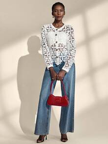 Almamuse White Embroidered Hollow Out Round Neck Casual Jacket For Women - White - View 5