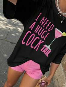 SHEIN LUNE Áo thun tay ngắn in khẩu hiệu đồ uống thường ngày cỡ lớn mùa hè - màu đen - Xem 1