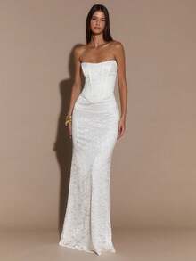 SHEIN BAE 白色优雅蕾丝边修身连衣裙，正式场合长裙，伴娘服，生日派对礼服