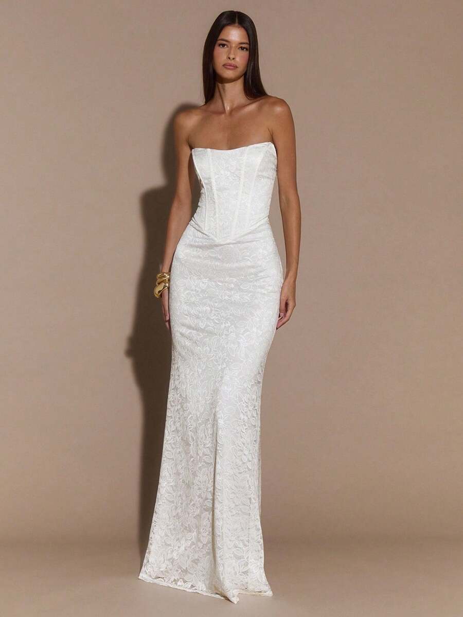 SHEIN BAE 白色优雅蕾丝边修身连衣裙，正式场合长裙，伴娘服，生日派对礼服