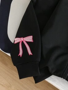 1pc Girls Zip-Up Hooded Long Sleeve Jacket, Butterfly Embroidery Decor On Back & Sleeves Fall Winter - Black - View 4