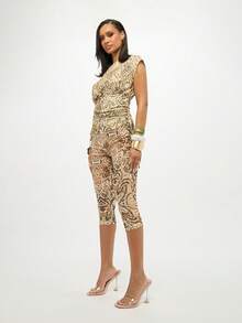 SUMWON WOMEN Áo họa tiết động vật lệch vai có chi tiết nhún eo, họa tiết độc đáo, kiểu dáng áo bluson ôm sát, thiết kế thời trang cho nữ, bộ sưu tập thu đông, trang phục dự tiệc - Nhiều màu - Xem 5
