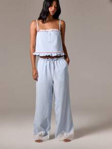 AiiRZ Women Striped Wide Leg Palazzo Pants Eyelet Lace Trim Summer Beach Holiday Lounge Wear Casual Bottoms With Ruffled Hem Detailing - Blue and White - View 3