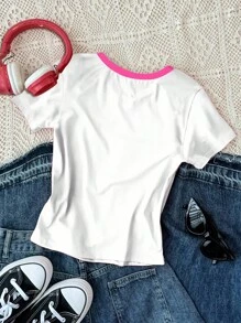 SHEIN 3 件套青少年女孩休闲修身舒适圆领长袖 T 恤套装，采用街头风格大学条纹、城市字母图案、复古蝴蝶结豹纹、粉色条纹、复古粉色和黑色，适合夏季 - 彩色 - 查看 7