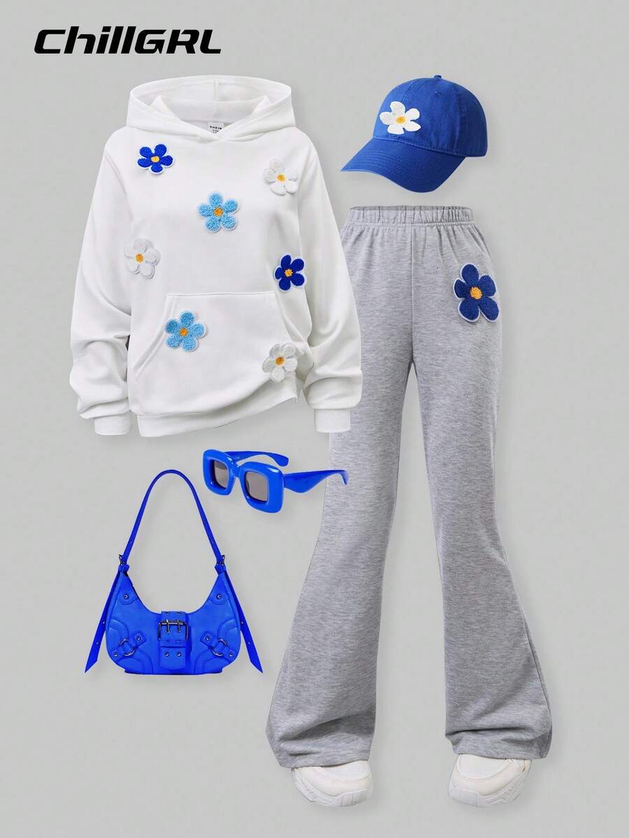 SHEIN ChillGRL Teen Girl Sweet Casual Floral Embroidery Patch White Hoodie With Flared Pants Set