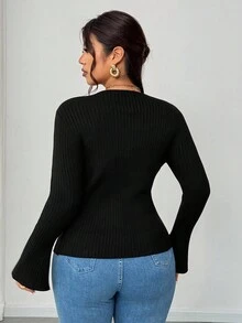 Elenzga Plus Size Women's Fall Winter Solid Black Long-Sleeved Sweater Cardigan With Flared Sleeves, Paired With Exquisite Buttons, Elegant And Form-Fitting For Autumn And Winter, Suitable For Daily Commuting Women's Wear