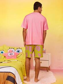SpongeBob SquarePants | SHEIN Men's Funny Cartoon Print Short Sleeve T-Shirt And Shorts Loungewear Pajama Set, Summer