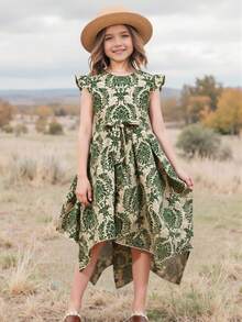 Tween Girl Vacation Style Round Neck Cap Sleeve Dress With Asymmetrical Hemline, Knee-Length - Green - View 3