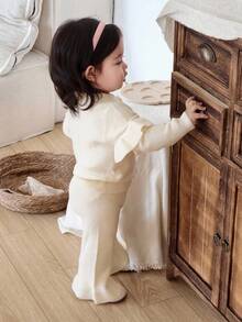 DAZY 2pcs Baby Girls' Ruffled Hem Solid Color Knitted Sweater And Pants Set - Beige - View 5