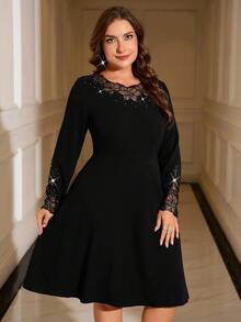 Gownix Plus Size Women's Black Round Neck Long Sleeve Lace Patchwork & Rhinestone Embellished Dress, Fashionable For Party Fall Clothes For Women  Fall Clothes Plus Size  Women's Fall Clothes  Fall Dress Fall Dresses For Women Fall Clothes For Women Autumn Clothes For Women   Going Out Outfit Tops For Going Out  Going Out Dress - Black - View 5