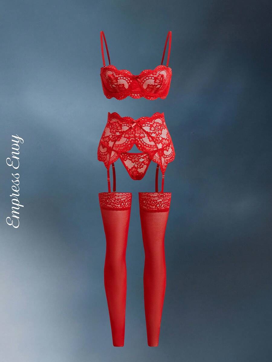 EmpressEnvy Conjunto de lencería sexy con decoración de lazo y encaje floral para salir - Burdeos - Ver 1