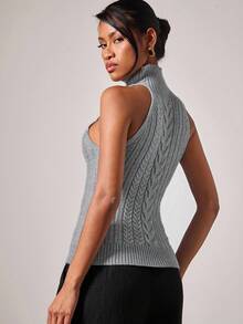 COSMINA 女士休闲纯色高领无袖扭纹针织上衣 灰色高领上衣 女士高领毛衣 灰色针织上衣 高领毛衣背心 麻花针织上衣 - 淺灰色 - 查看 2