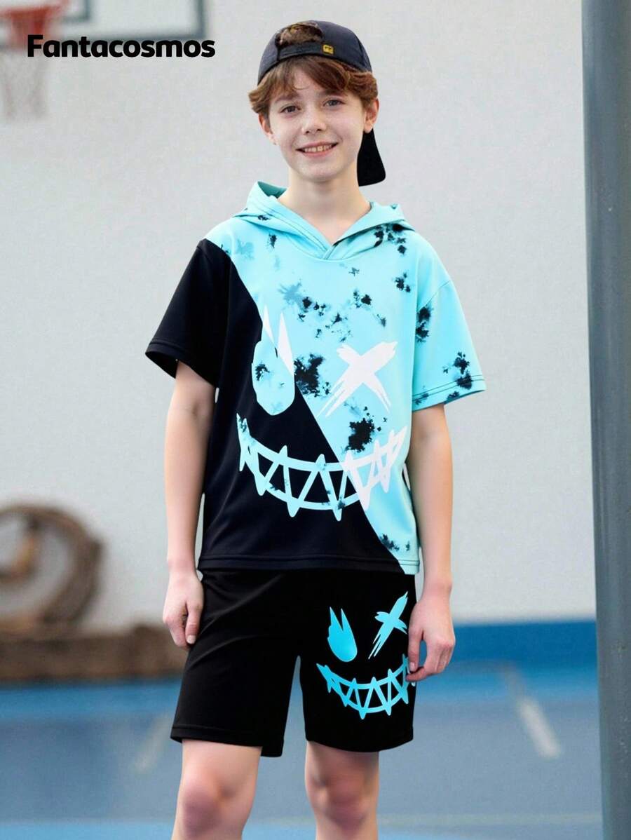 SHEIN Fantacosmos Tween Boy's Tie-Dye & Patchwork Emoticon Printed Hoodie And Shorts Set, School, Campus, College
