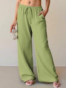 ReShift Plus Size Women Elastic Waist Casual Functional Textured Solid Wide Leg Pants - Green - View 6