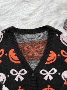 Whyspr Halloween Plus Size Women Pumpkin & Bow Jacquard Knitted Sweater, Cute Black And White Autumn Fashionable Versatile Round Neck Knits Sweatshirt - Multicolor - View 6