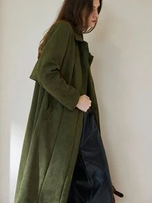 Aveloria Modichic Chaqueta larga de mujer con cuello vuelto, diseño dividido, escudo de lluvia en la espalda, manga larga, de alta gama y estilo retro para ir al trabajo - Verde militar - Ver 3