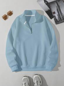 Manfinity Dauomo 男士休闲时尚百搭商务POLO领四分之一拉链卫衣，秋冬款，长袖上衣 - 藍色 - 查看 4