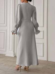 EURMUSE Frenchy Frill Sleeve Maxi Dress With Lining - Grey - View 2