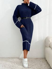 EURMUSE Women's Casual Drop Shoulder High Neck Ribbed Contrast Color Knitted Sweater Dress, Autumn,Winter Dresses - Navy Blue - View 6
