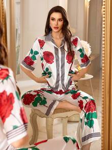 Bộ đồ ngủ tay lửng in hoa mới của LuxeNights dành cho nữ, bộ đồ ngủ bằng satin, bộ đồ ngủ họa tiết hoa hồng. - Nhiều màu - Xem 5