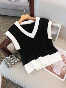 GlowEve CURVE Áo khoác len cardigan cổ chữ V không tay màu tương phản cỡ lớn dành cho nữ, trang phục mặc nhiều lớp thường ngày cho mùa xuân và mùa thu - Đen và trắng - Xem 3