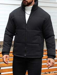 Manfinity Homme Men's Solid Color Zipper Casual Versatile Padded Coat, Winter Black Puffer Jacket, Fall - Black - View 4