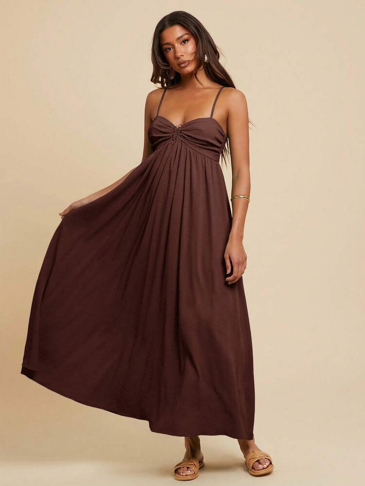 Travachic Women's Pleated Sleeveless Dress, Vacation Style, Beach Outfits For Woman,Women,Concert Outfit Women,Boho,Rave Outfits,Tropical Vacation, Festival, Boho Dresses For Women Tropical Dresses For Women Women Dresses , Old Money Style Women,Casual Woman Style, Chic Autumn,Going Out Outfit, Elegant Graduation Dress , Concert Outfit Women,Wedding Guest,National Day, Long Chocolate Brown Dress - Coffee Brown - View 3