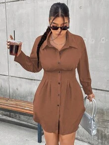 Vionelle Plus Size Women's Waist-Cinching Long Shirt Fall Cloth For Women - Coffee Brown - View 1