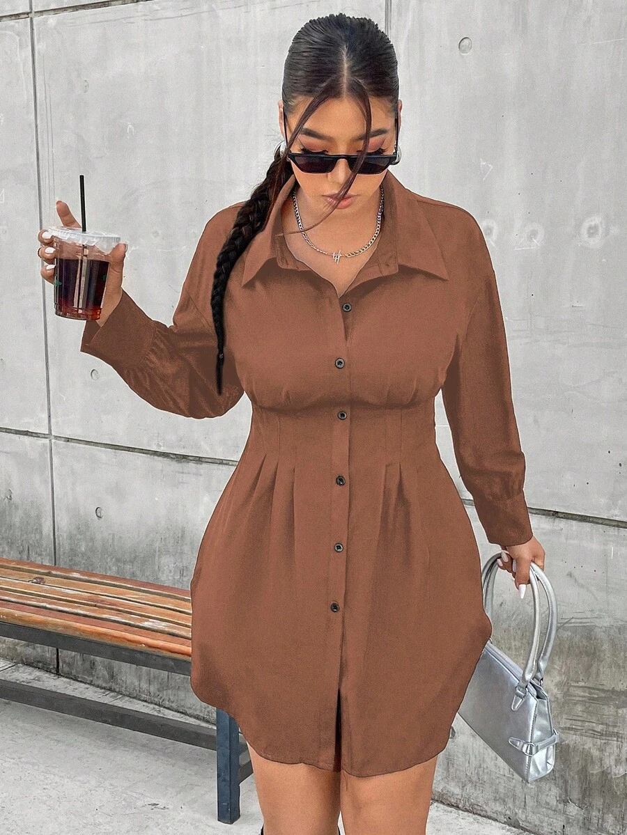 Vionelle Plus Size Women's Waist-Cinching Long Shirt Fall Cloth For Women - Coffee Brown - View 1