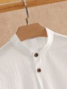 HIMLAND 男士休闲梭织短袖立领衬衫，适合日常穿着，老款 - 白色 - 查看 5