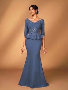 Serin Elegant Luxurious Dusty Blue Spring Formal Wedding Embroidered Lace Stretch Knit Mermaid Skirt Sleeve,Suitable For Galas,Mother Of The Bride Dresses - Blue - View 7