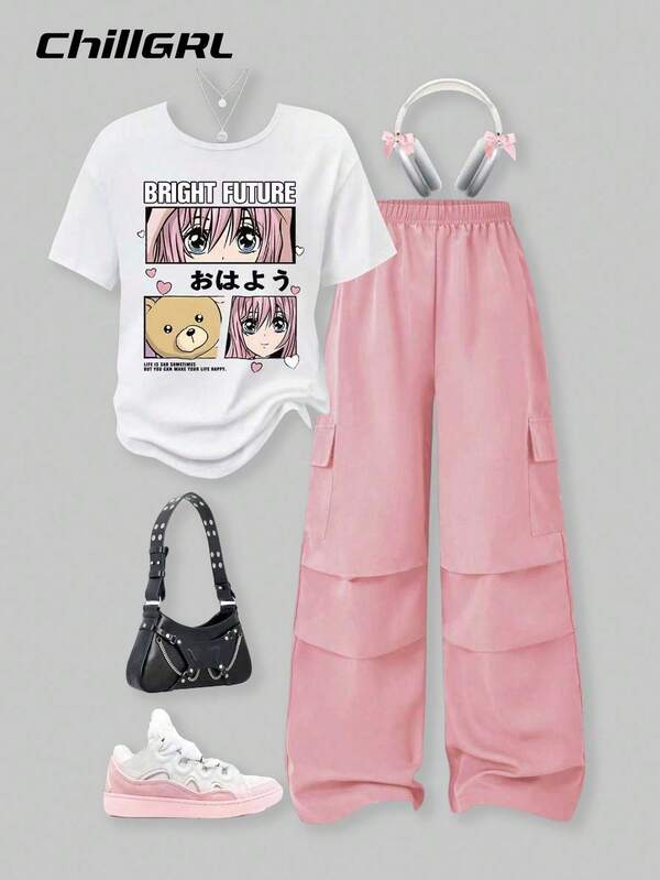 SHEIN Set de 2 piezas de top de manga corta con cuello redondo y estampado de niña de dibujos animados, y pantalones cargo, estilo casual para adolescentes