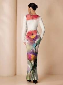 Shutterstock Glamance 女式全印花圆领修身优雅长袖连衣裙 - 彩色 - 查看 2