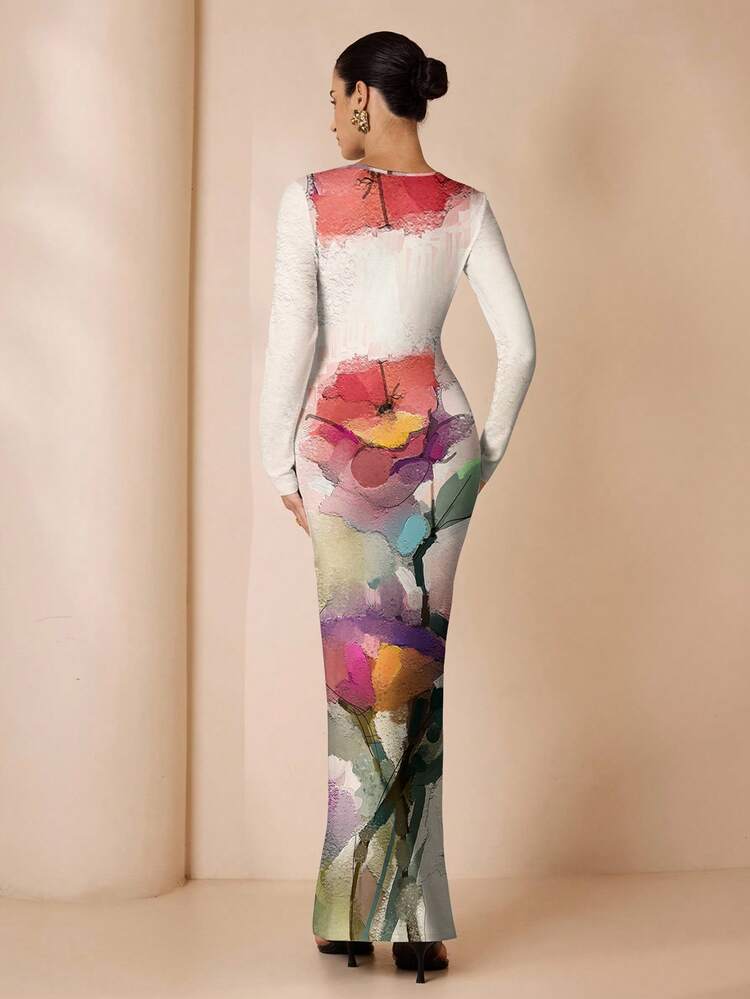Shutterstock Glamance Gaun Wanita Lengan Panjang Elegan Berkerah Bulat dengan Motif Cetak Seluruh Permukaan - MultiWarna - View 2