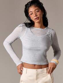 AiiRZ 分层长袖短款上衣罗纹圆领基本款修身弹力针织衫秋冬休闲分层时尚上衣 - 灰色 - 查看 1