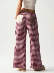 Bohemela 女式休闲宽松格子拼接阔腿裤 - 酒紅色 - 查看 7