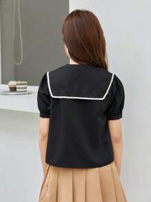 SHEIN Tween Girl Sailor Collar Puff Sleeve Shirt