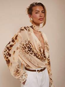 COSMINA Women's Elegant Resort Leopard Print Chiffon Ruffled Collar Blouse, Spring/Summer Cheetah Print - Multicolor - View 5